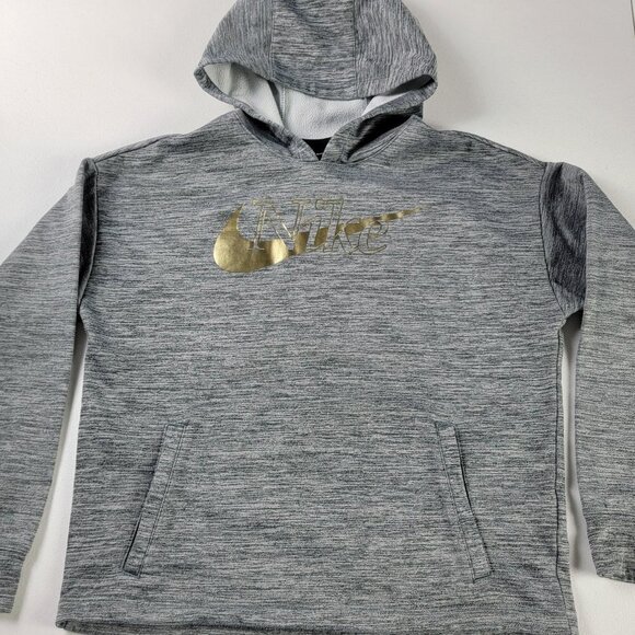 Nike Other - Nike Sweatshirt Hoodie Girls Sz L Gray Gold Logo Thumbholes Long Sleeve Pocket